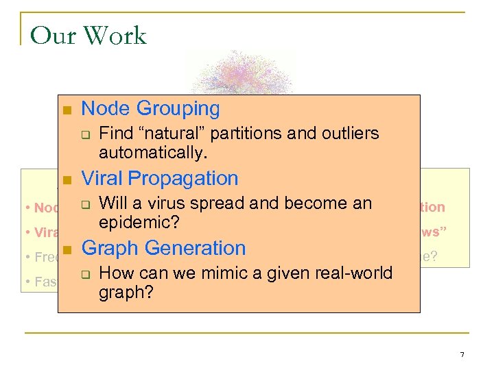 Our Work n Node Grouping q Find “natural” partitions and outliers automatically. n Viral