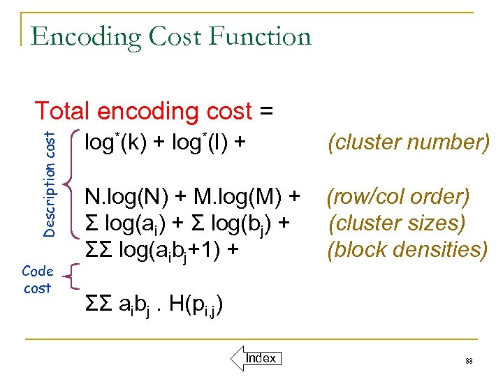 Encoding Cost Function Description cost Total encoding cost = Code cost log*(k) + log*(l)