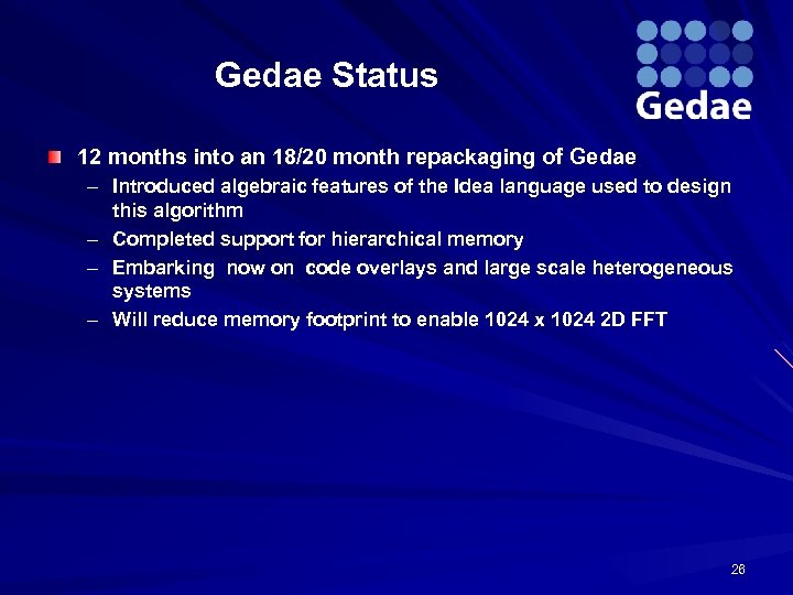 Gedae Status 12 months into an 18/20 month repackaging of Gedae – Introduced algebraic
