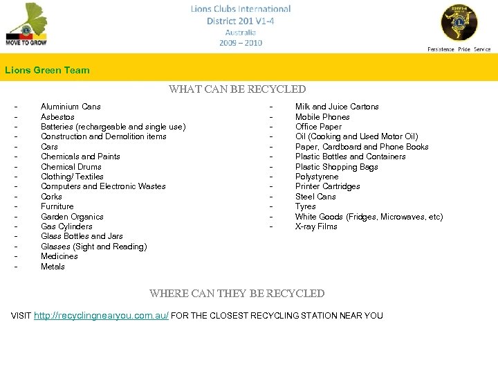 Lions Green Team WHAT CAN BE RECYCLED - Aluminium Cans - Asbestos - Batteries