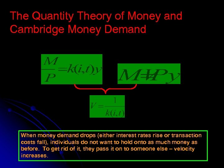 The Quantity Theory of Money and Cambridge Money Demand When money demand drops (either