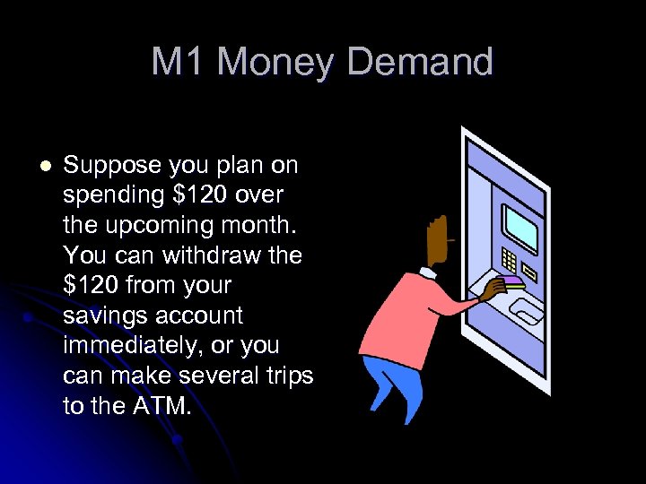 M 1 Money Demand l Suppose you plan on spending $120 over the upcoming