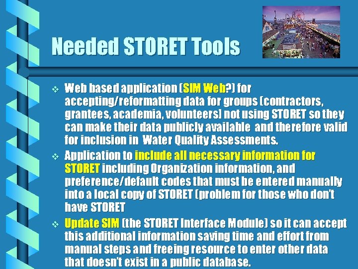 Needed STORET Tools v v v Web based application (SIM Web? ) for accepting/reformatting