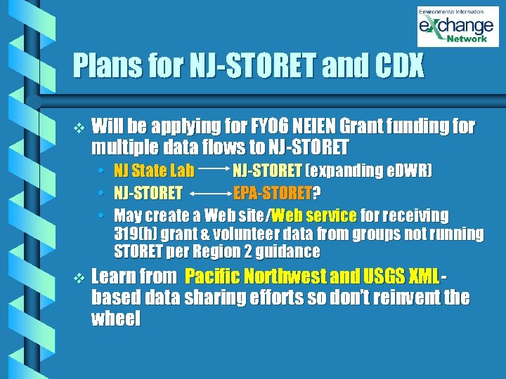 Plans for NJ-STORET and CDX v Will be applying for FY 06 NEIEN Grant