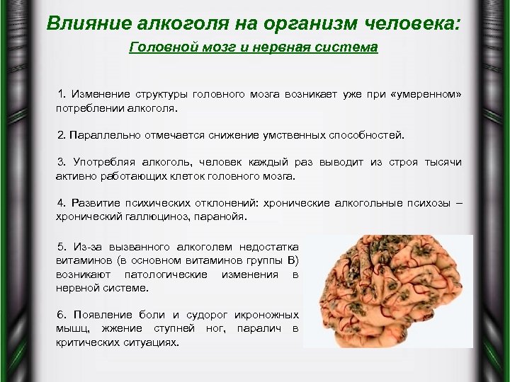 Влияние алкоголя на организм человека: Головной мозг и нервная система 1. Изменение структуры головного