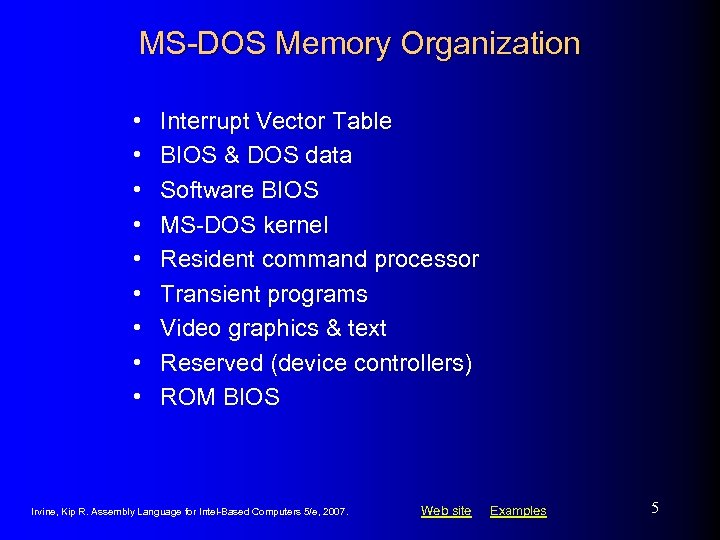 MS-DOS Memory Organization • • • Interrupt Vector Table BIOS & DOS data Software