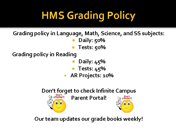 HMS Grading Policy Grading policy in Language, Math, Science, and SS subjects: Daily: 50%