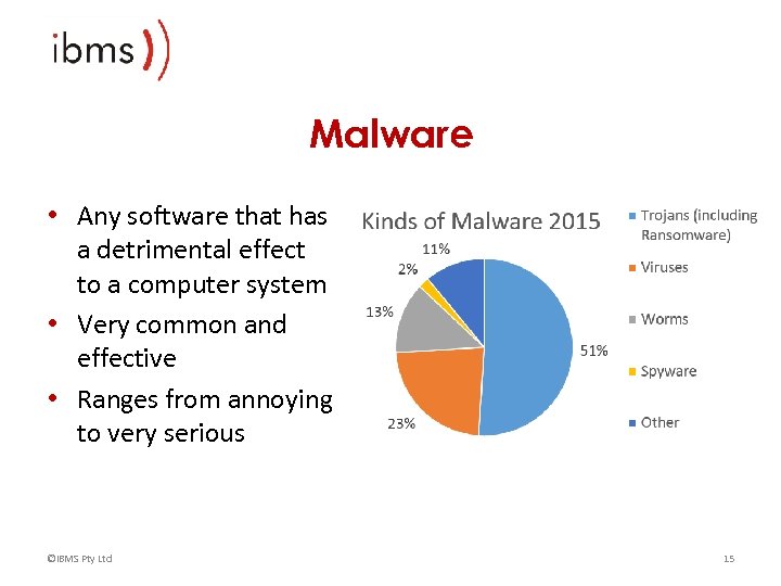 Malware • Any software that has a detrimental effect to a computer system •