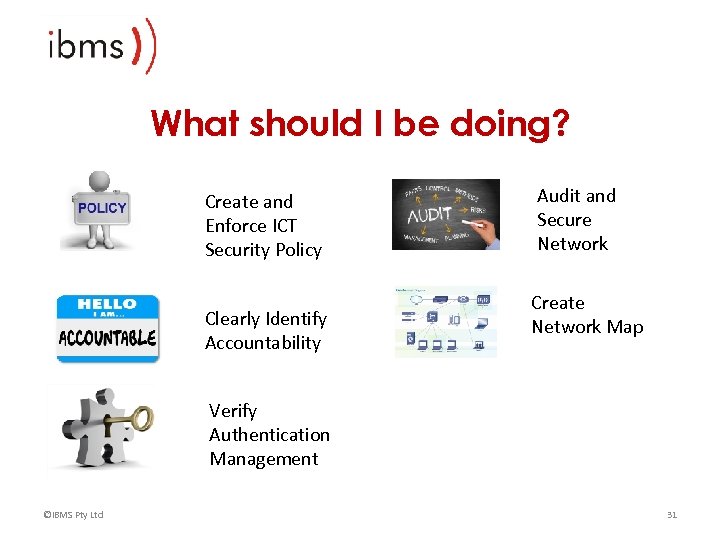 What should I be doing? Create and Enforce ICT Security Policy Clearly Identify Accountability