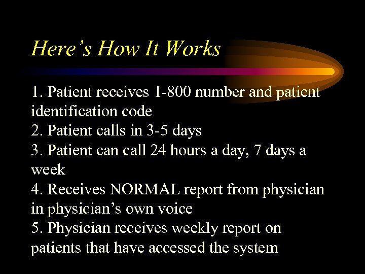 Here’s How It Works 1. Patient receives 1 -800 number and patient identification code