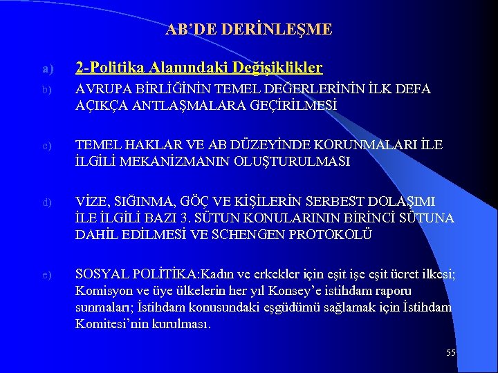 AB’DE DERİNLEŞME a) 2 -Politika Alanındaki Değişiklikler b) AVRUPA BİRLİĞİNİN TEMEL DEĞERLERİNİN İLK DEFA