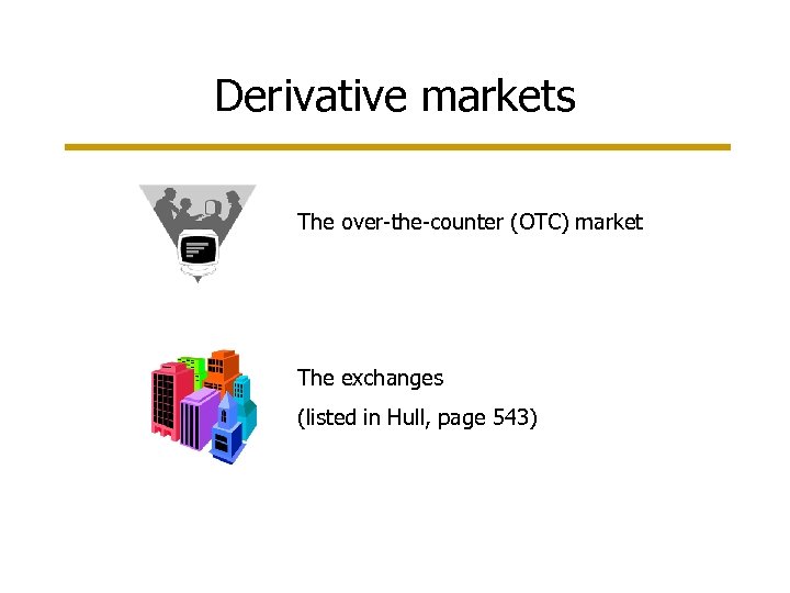 Derivative markets The over-the-counter (OTC) market The exchanges (listed in Hull, page 543) 