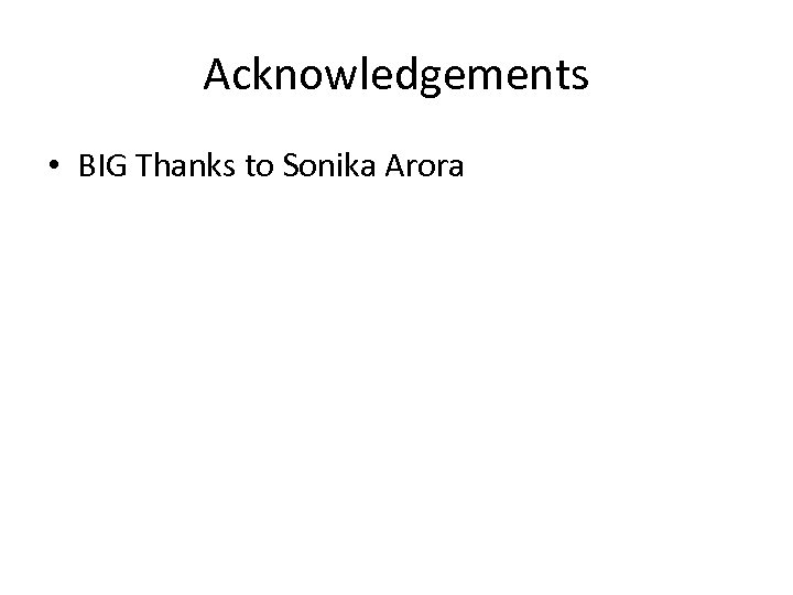 Acknowledgements • BIG Thanks to Sonika Arora 