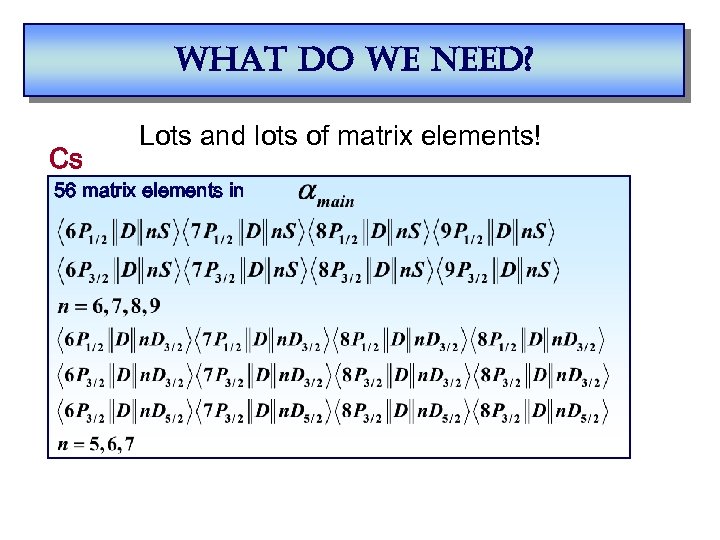 what do we need? Cs Lots and lots of matrix elements! 56 matrix elements