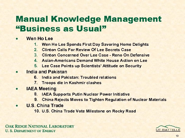 Manual Knowledge Management “Business as Usual” · Wen Ho Lee 1. 2. 3. 4.