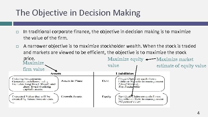 The Objective in Decision Making In traditional corporate finance, the objective in decision making