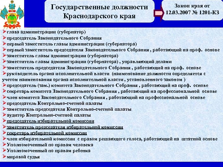 Перечень государственных должностей. Перечень государственных должностей Краснодарского края. Должности в администрации. Должности в краевой администрации. Закон края пример.