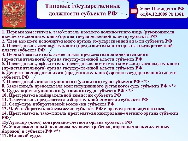 Типовые государственные должности субъекта РФ Указ Президента РФ от 04. 12. 2009 № 1381
