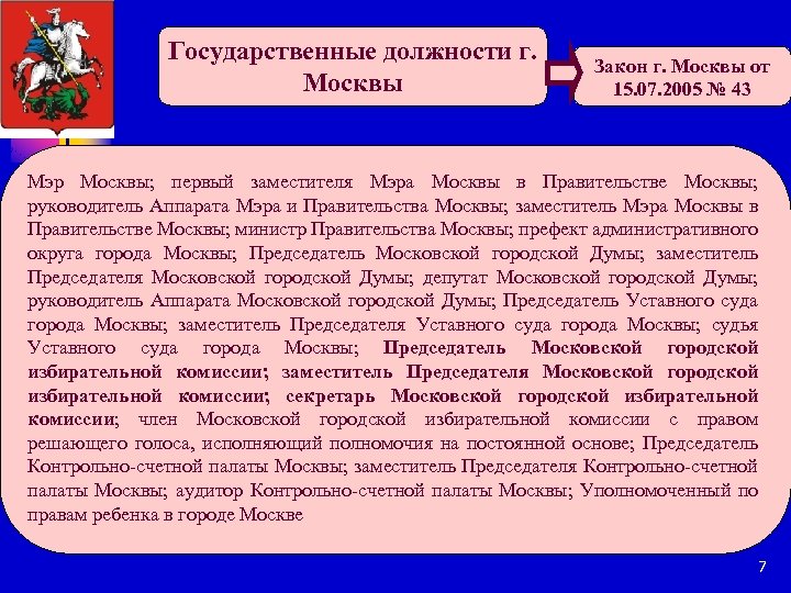 Государственные должности г. Москвы Закон г. Москвы от 15. 07. 2005 № 43 Мэр