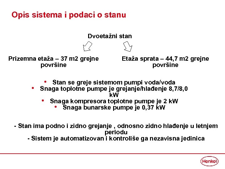 Opis sistema i podaci o stanu Dvoetažni stan Prizemna etaža – 37 m 2