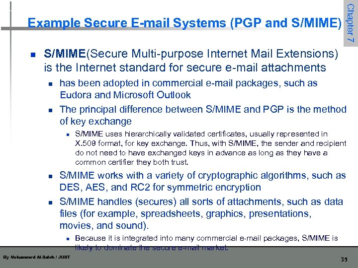 n Chapter 7 Example Secure E-mail Systems (PGP and S/MIME) S/MIME(Secure Multi-purpose Internet Mail