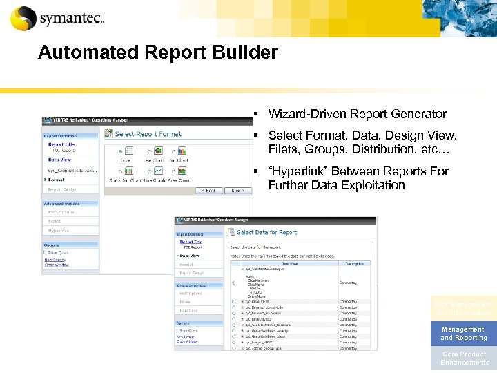 Automated Report Builder § Wizard-Driven Report Generator § Select Format, Data, Design View, Filets,