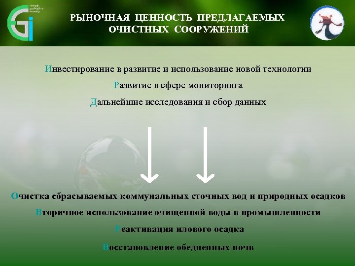 РЫНОЧНАЯ ЦЕННОСТЬ ПРЕДЛАГАЕМЫХ ОЧИСТНЫХ СООРУЖЕНИЙ Инвестирование в развитие и использование новой технологии Развитие в