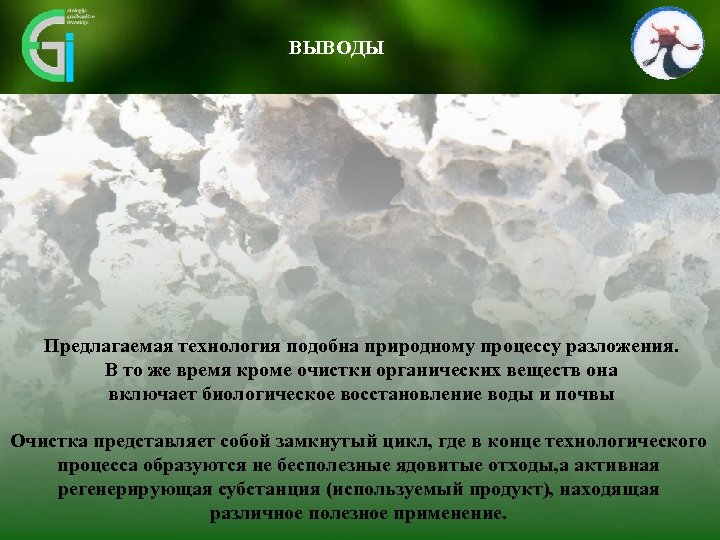 ВЫВОДЫ Предлагаемая технология подобна природному процессу разложения. В то же время кроме очистки органических