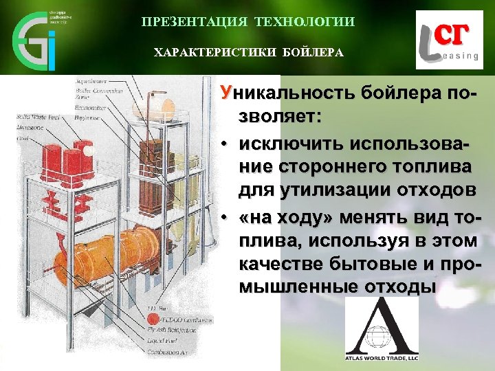 ПРЕЗЕНТАЦИЯ ТЕХНОЛОГИИ ХАРАКТЕРИСТИКИ БОЙЛЕРА Уникальность бойлера позволяет: • исключить использование стороннего топлива для утилизации