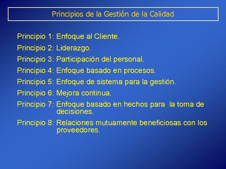 Principios de la Gestión de la Calidad Principio 1: Enfoque al Cliente. Principio 2: