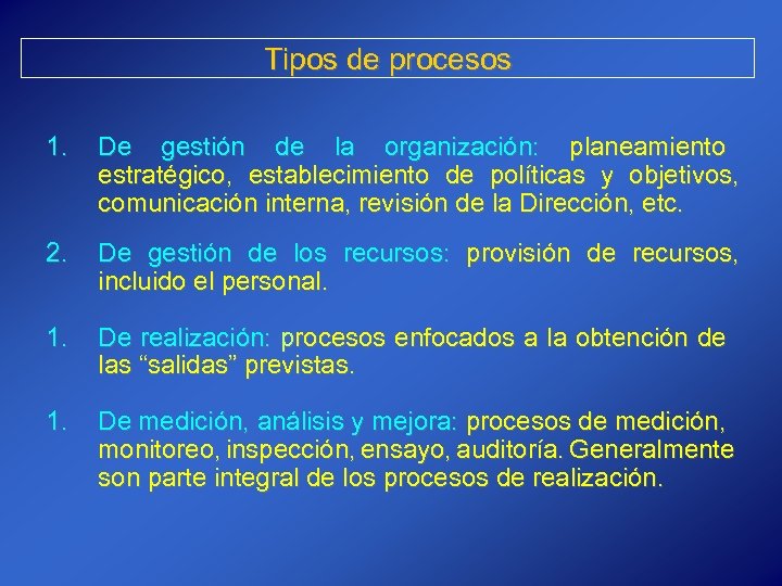 Tipos de procesos 1. De gestión de la organización: planeamiento estratégico, establecimiento de políticas