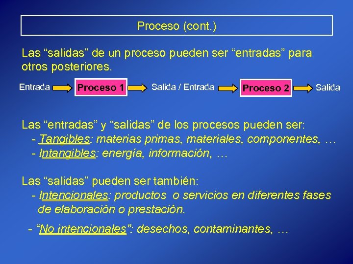 Proceso (cont. ) Las “salidas” de un proceso pueden ser “entradas” para otros posteriores.