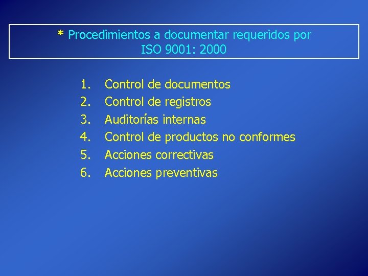 * Procedimientos a documentar requeridos por ISO 9001: 2000 1. 2. 3. 4. 5.