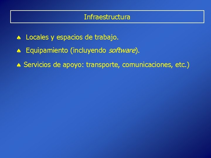 Infraestructura Locales y espacios de trabajo. Equipamiento (incluyendo software). Servicios de apoyo: transporte, comunicaciones,