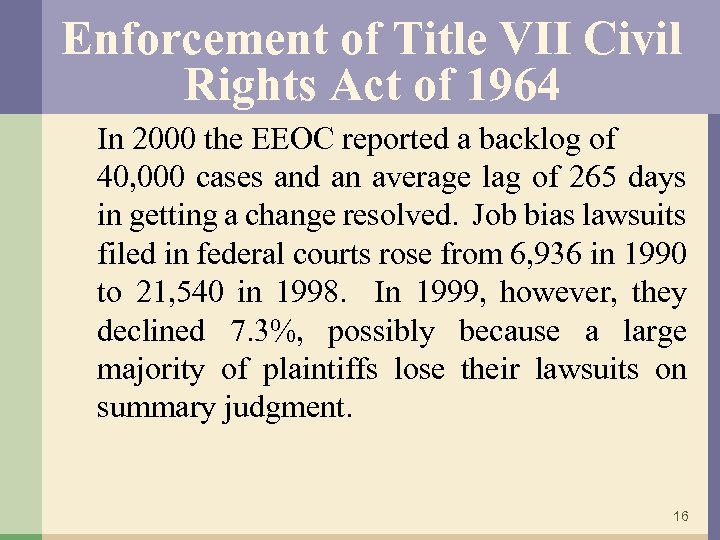 Enforcement of Title VII Civil Rights Act of 1964 In 2000 the EEOC reported