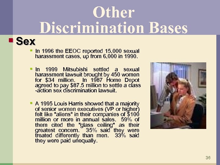 § Sex Other Discrimination Bases § In 1996 the EEOC reported 15, 000 sexual