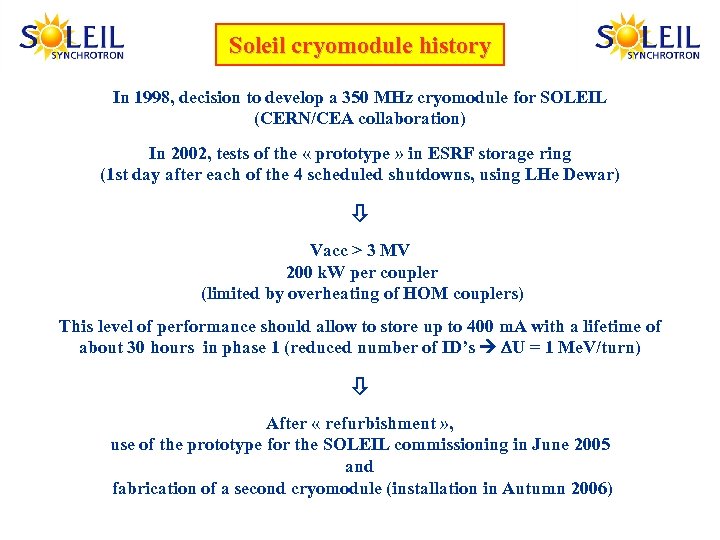 Soleil cryomodule history In 1998, decision to develop a 350 MHz cryomodule for SOLEIL