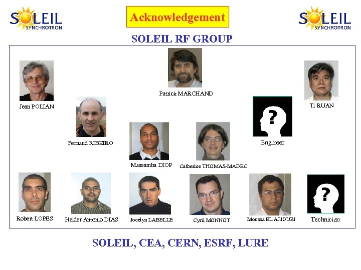 Acknowledgement SOLEIL RF GROUP Patrick MARCHAND Ti RUAN Jean POLIAN Engineer Fernand RIBEIRO Massamba