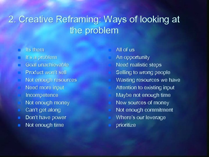 2. Creative Reframing: Ways of looking at the problem n n n Its them