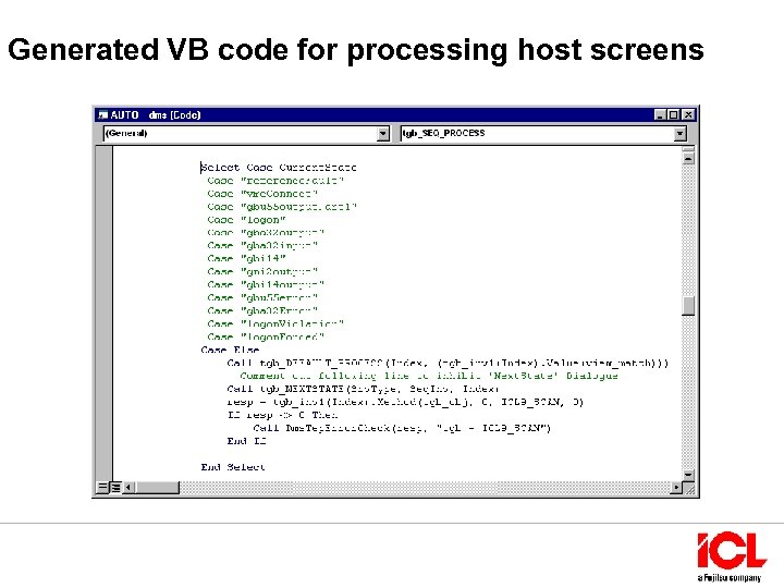 Generated VB code for processing host screens 