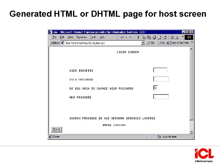 Generated HTML or DHTML page for host screen 