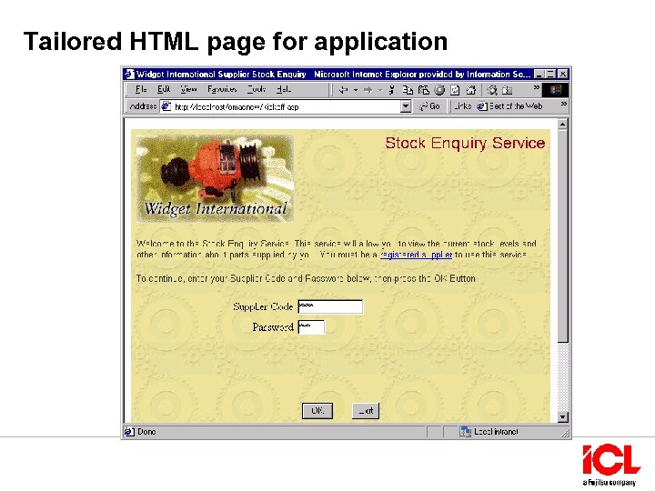 Tailored HTML page for application 