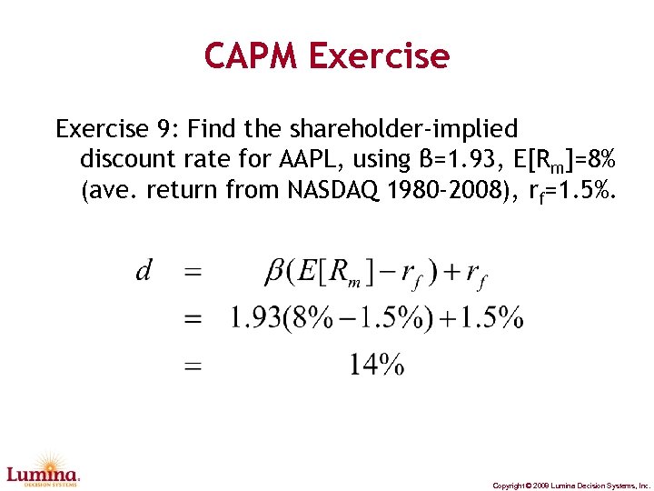 CAPM Exercise 9: Find the shareholder-implied discount rate for AAPL, using β=1. 93, E[Rm]=8%