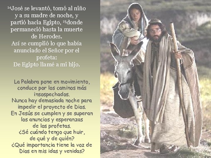 14 José se levantó, tomó al niño y a su madre de noche, y