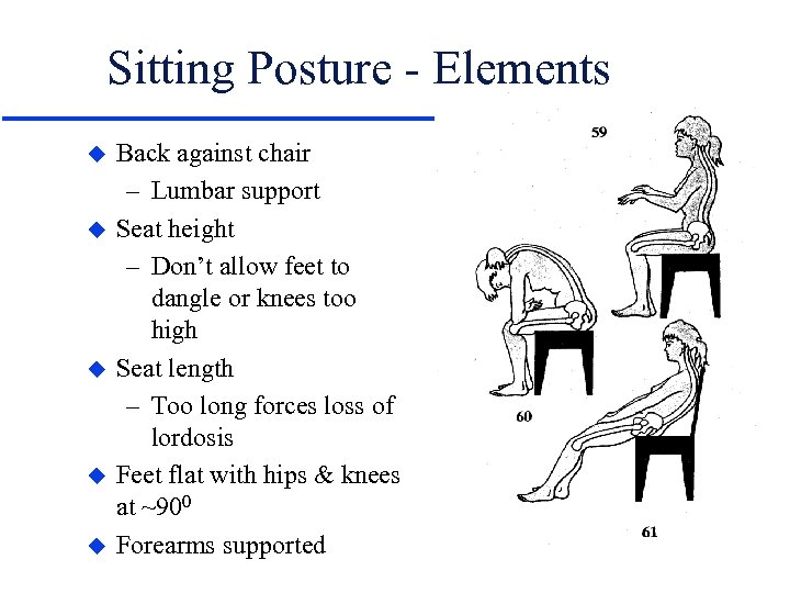 Sitting Posture - Elements u u u Back against chair – Lumbar support Seat