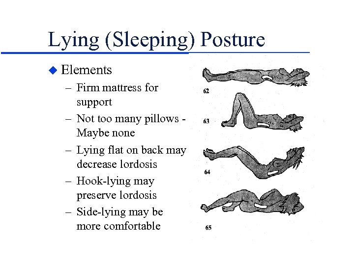 Lying (Sleeping) Posture u Elements – Firm mattress for support – Not too many