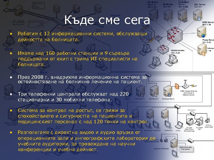 Къде сме сега • Работим с 12 информационни системи, обслужващи дейността на болницата. •