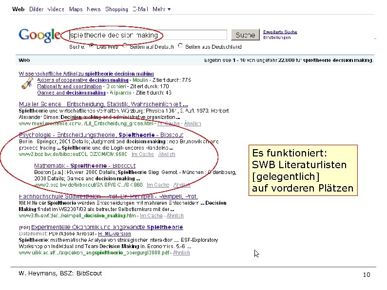 Es funktioniert: SWB Literaturlisten [gelegentlich] auf vorderen Plätzen W. Heymans, BSZ: Bib. Scout 10