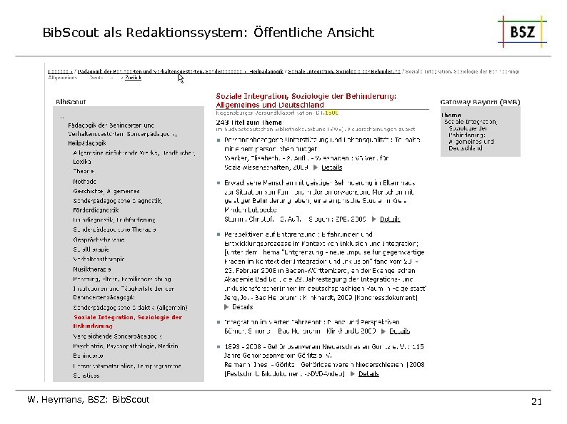 Bib. Scout als Redaktionssystem: Öffentliche Ansicht W. Heymans, BSZ: Bib. Scout 21 