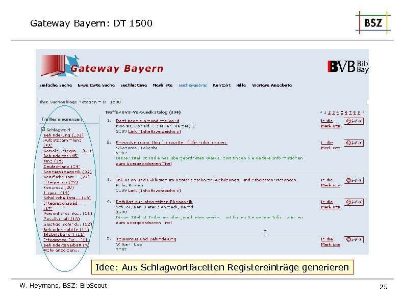 Gateway Bayern: DT 1500 Idee: Aus Schlagwortfacetten Registereinträge generieren W. Heymans, BSZ: Bib. Scout